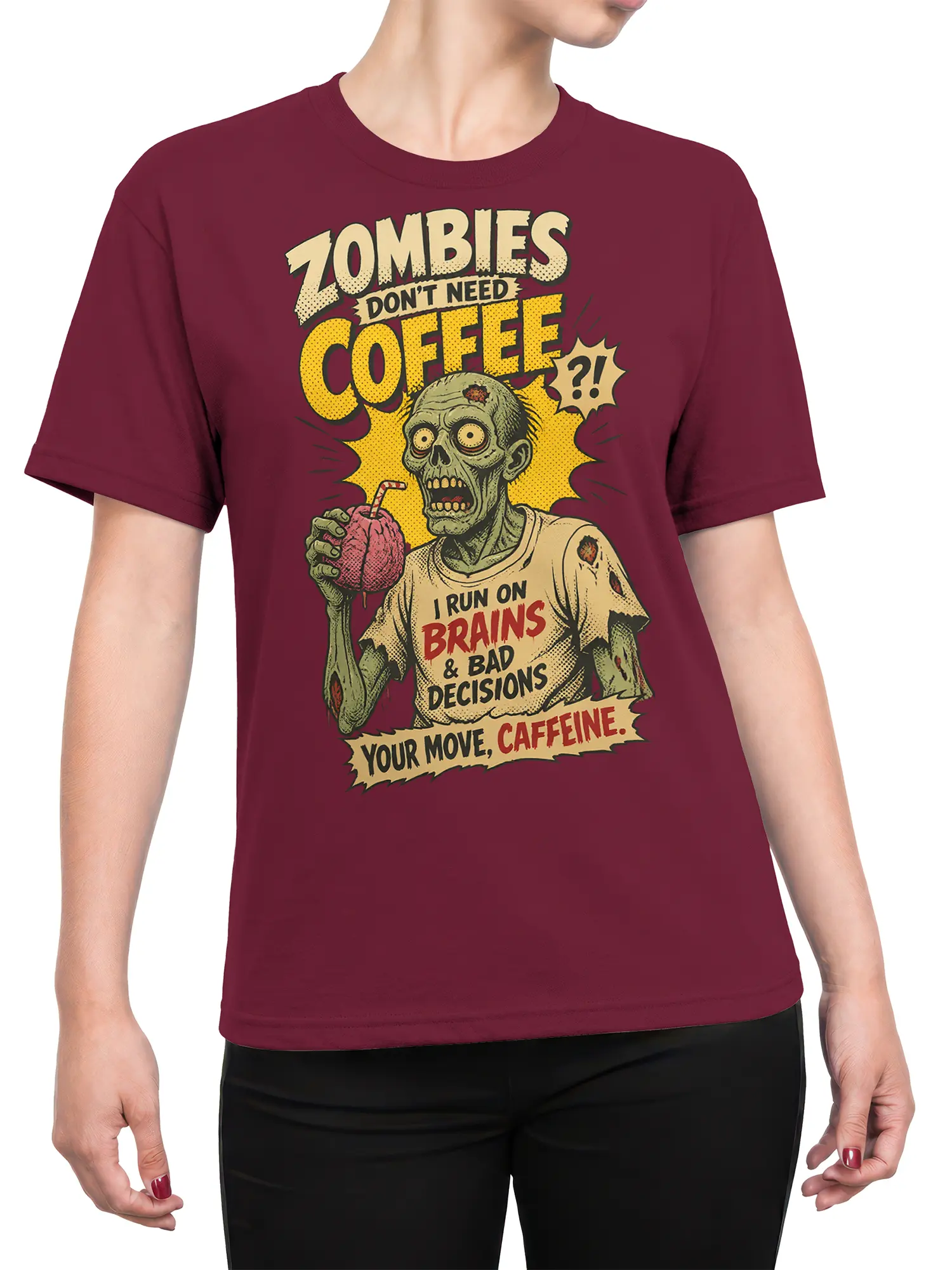 Female torso wearing a burgundy zombie coffee T-shirt with retro comic artwork and a pink brain-shaped drink