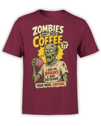 Retro zombie holding a pink brain drink on a burgundy T-shirt with bold coffee and caffeine lettering