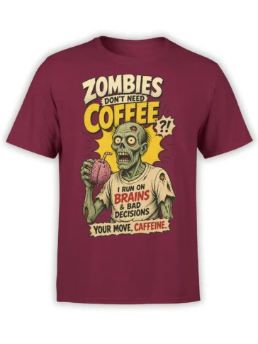 Retro zombie holding a pink brain drink on a burgundy T-shirt with bold coffee and caffeine lettering