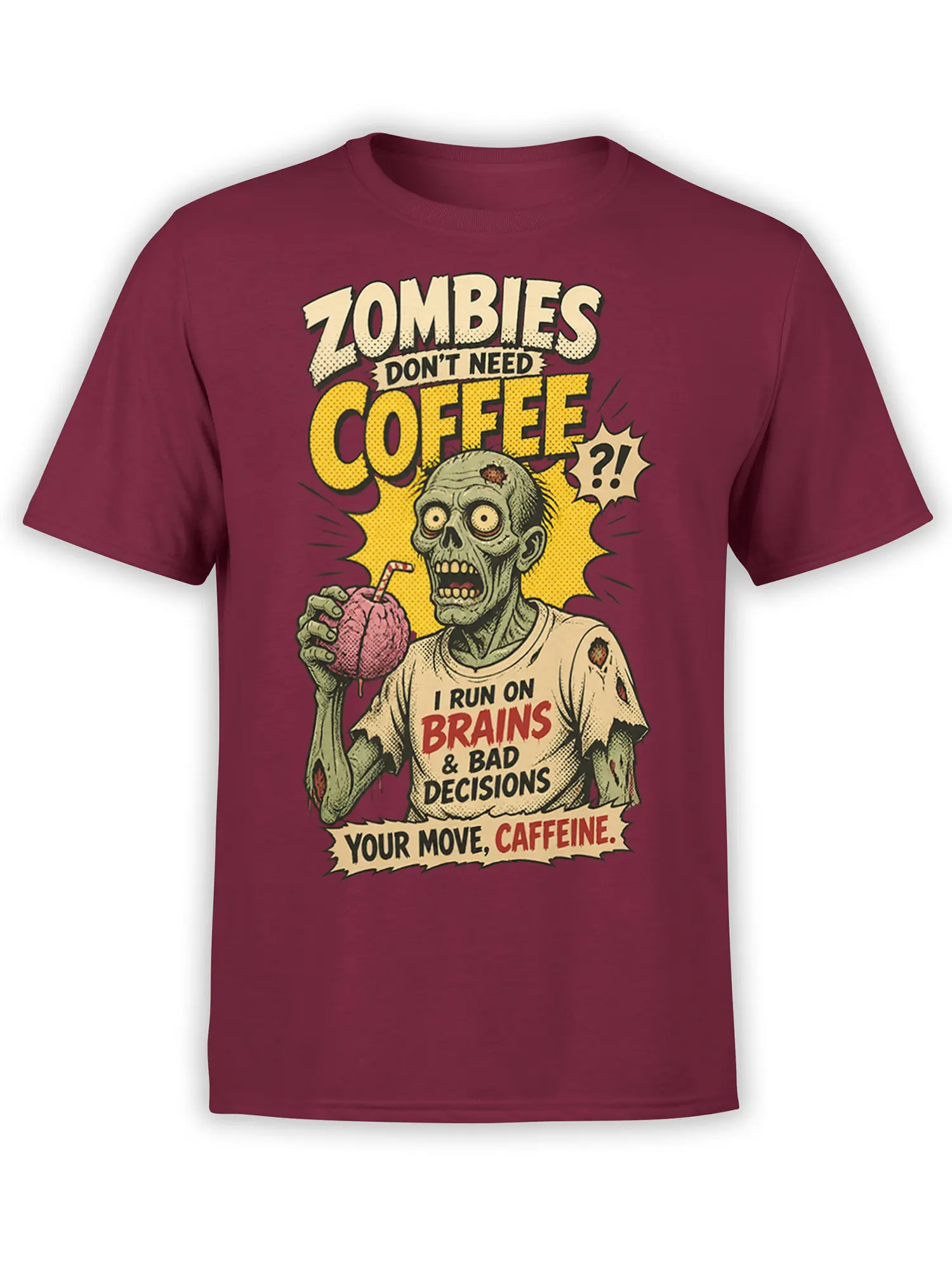 Retro zombie holding a pink brain drink on a burgundy T-shirt with bold coffee and caffeine lettering