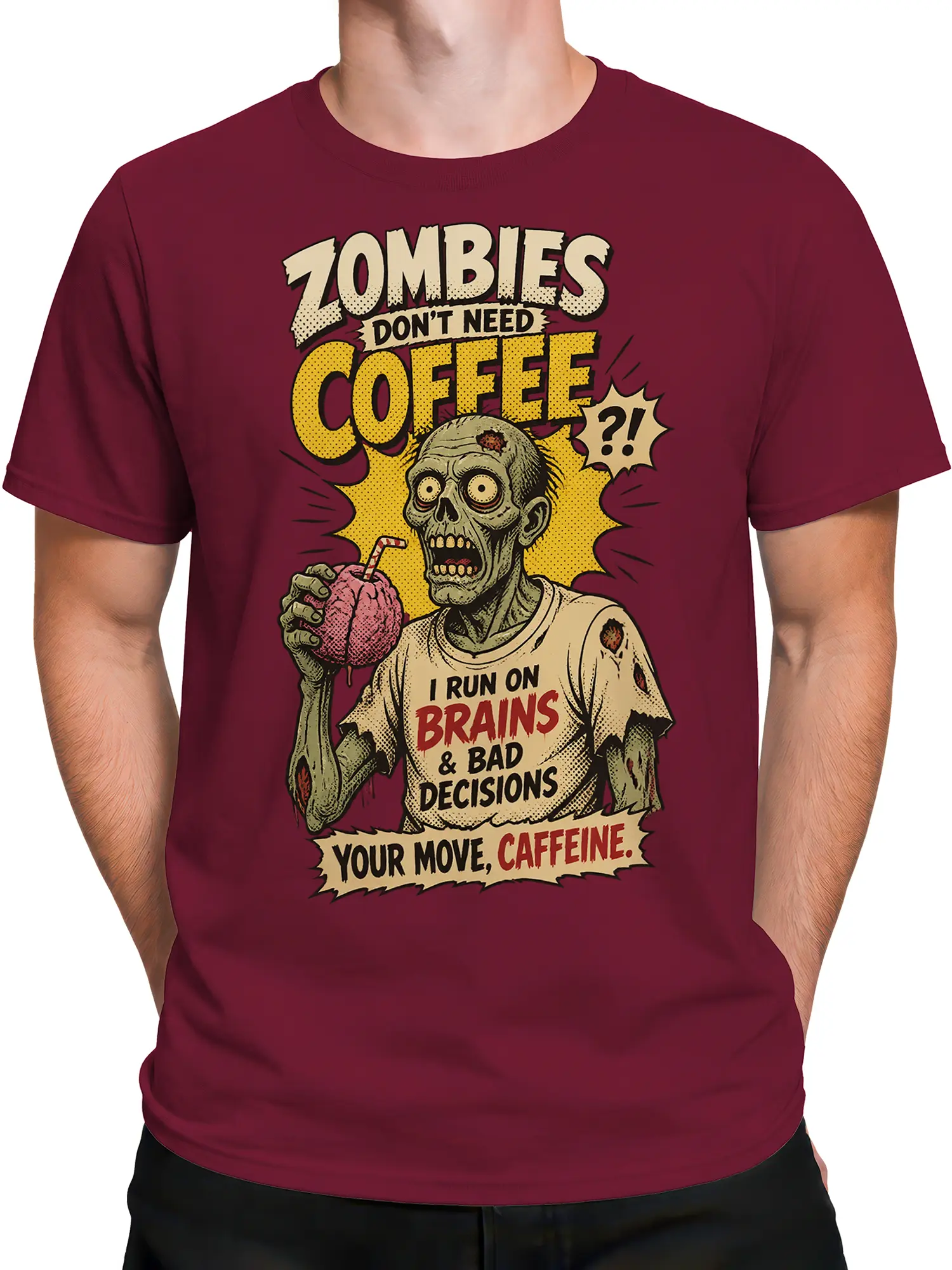 Male torso wearing a burgundy zombie coffee T-shirt with vintage comic lettering and brain drink artwork