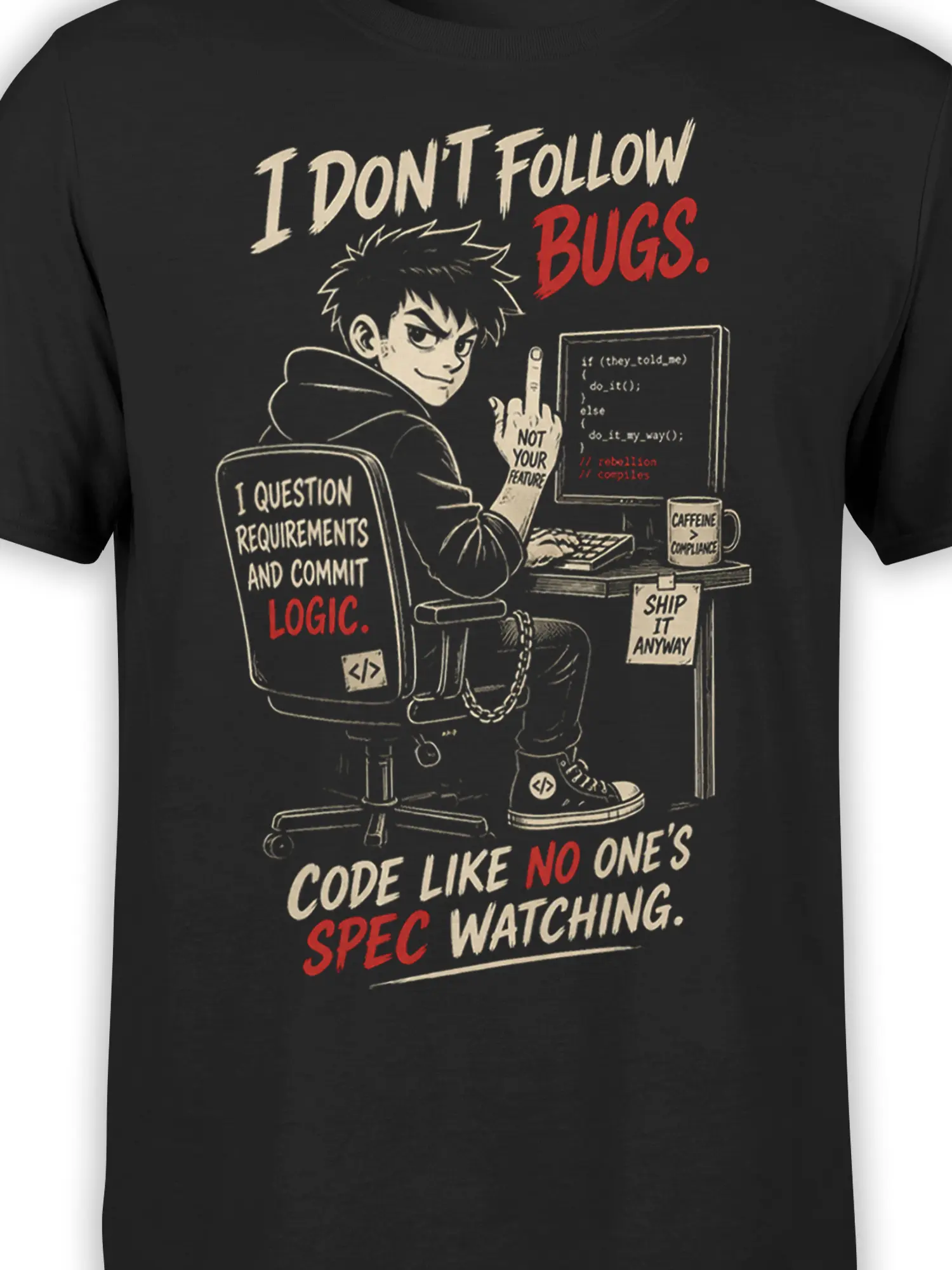 Close-up of coder illustration and rebellious programming text on a black programmer graphic tee