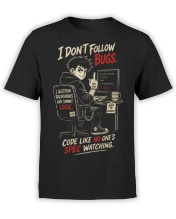 Black programmer T-shirt with illustrated coder, computer screen, coffee mug, and rebellious coding messages