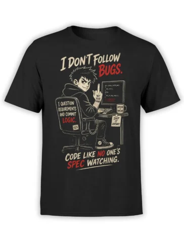 Black programmer T-shirt with illustrated coder, computer screen, coffee mug, and rebellious coding messages