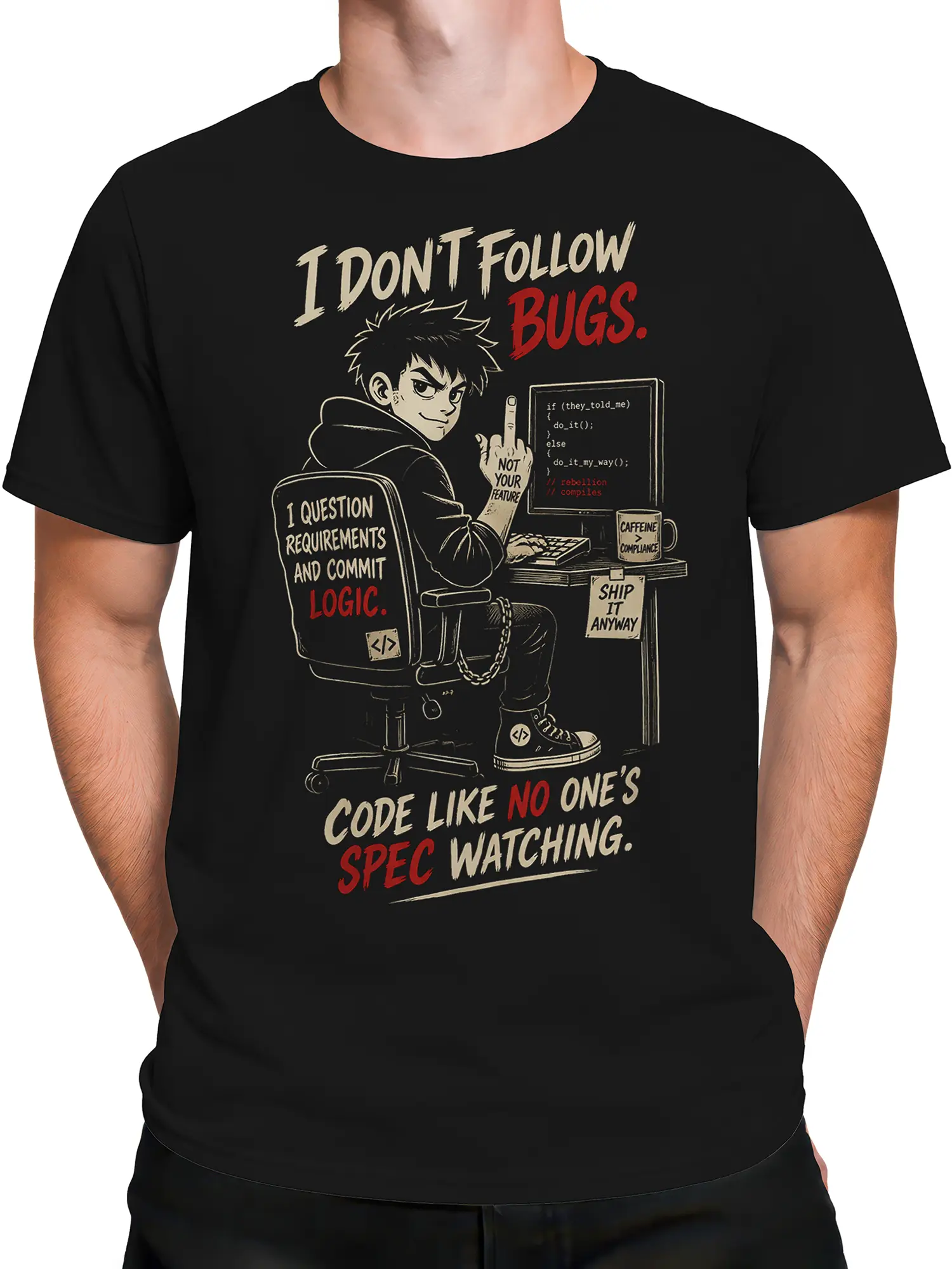 Male torso wearing a black programmer T-shirt with illustrated coder and vintage coding artwork