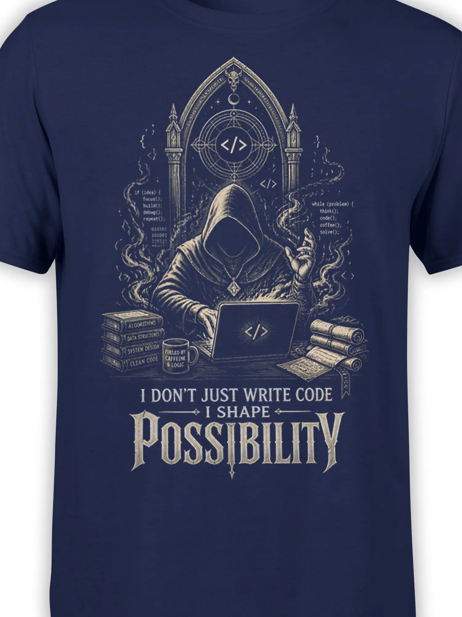 Close-up of hooded coder artwork with laptop, code symbols, algorithms, and gothic details on a navy T-shirt