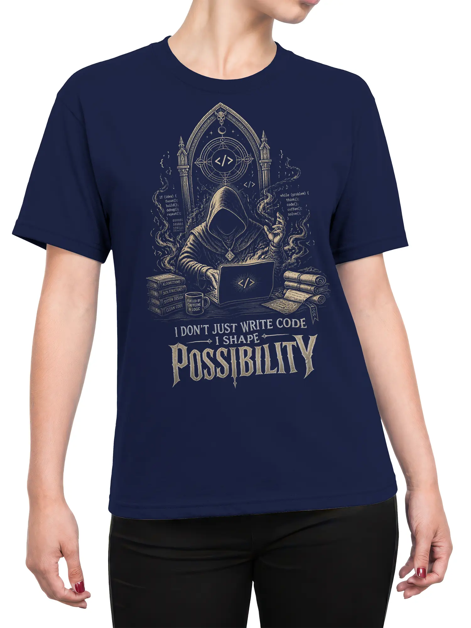 Female torso wearing a navy programmer T-shirt with hooded coder artwork, laptop, gothic symbols, and coding text