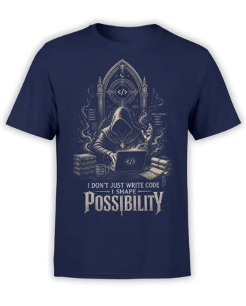 Hooded coder programmer design with laptop, gothic arch, coding books, and “Shape Possibility” text on a navy T-shirt