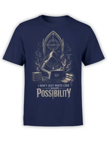 Hooded coder programmer design with laptop, gothic arch, coding books, and “Shape Possibility” text on a navy T-shirt