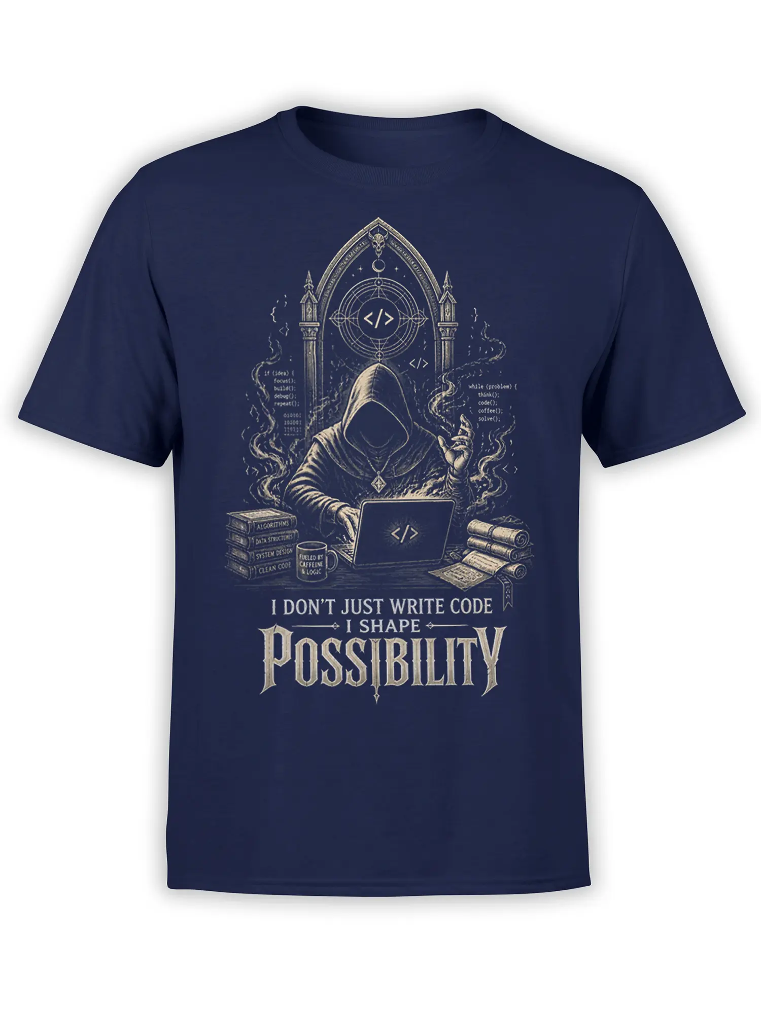 Hooded coder programmer design with laptop, gothic arch, coding books, and “Shape Possibility” text on a navy T-shirt