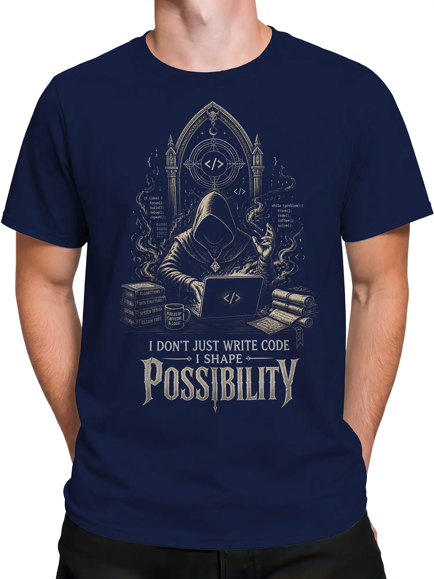 Male torso wearing a navy programmer T-shirt with hooded coder artwork and “I Shape Possibility” message