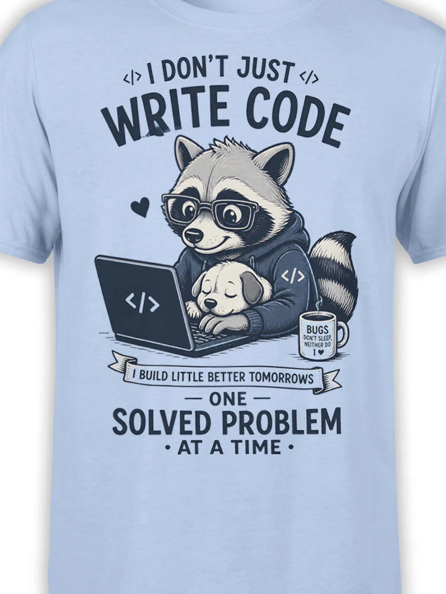 Close-up of raccoon programmer artwork, laptop, sleeping puppy, and coding text on a light blue shirt