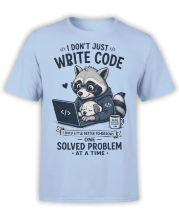Light blue raccoon programmer T-shirt showing a glasses-wearing raccoon coding beside a sleeping puppy