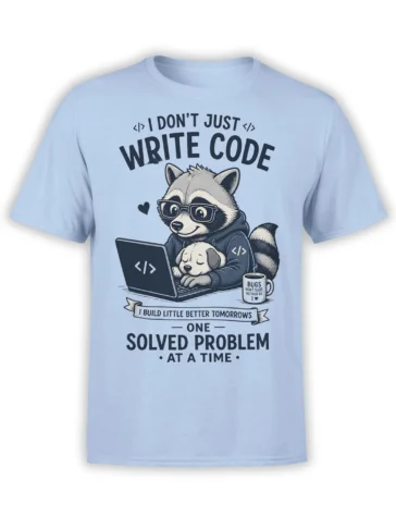 Light blue raccoon programmer T-shirt showing a glasses-wearing raccoon coding beside a sleeping puppy