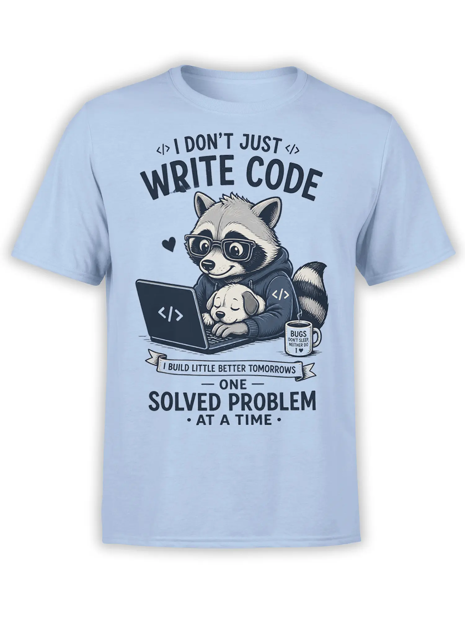 Light blue raccoon programmer T-shirt showing a glasses-wearing raccoon coding beside a sleeping puppy