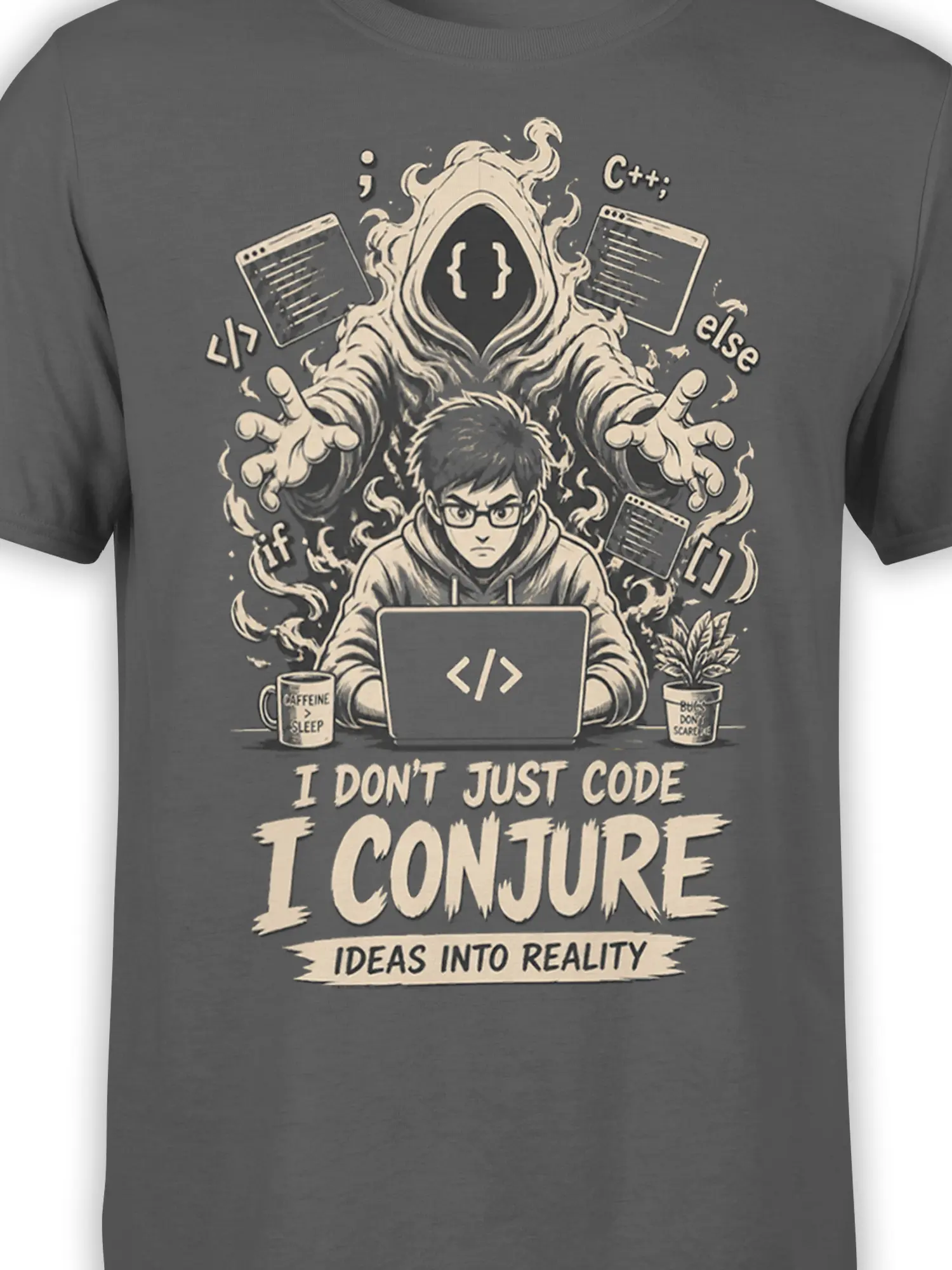 Close-up of dark gray shirt design featuring a coder, mystical hooded figure, C++, code windows, coffee, and programming text