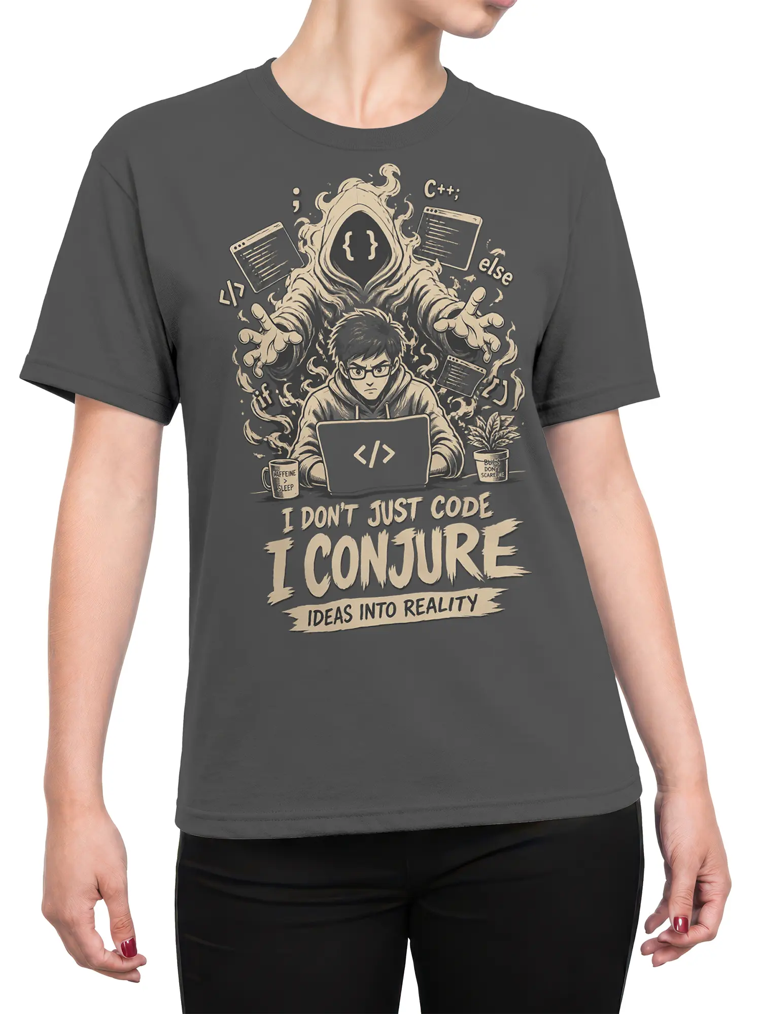 Female torso wearing a dark gray Code Conjurer programmer T-shirt with a coder, laptop, mystical figure, and code graphics