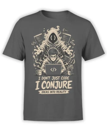 Dark gray programmer T-shirt with a coder, hooded conjurer, laptop, code symbols, and “I Conjure” design