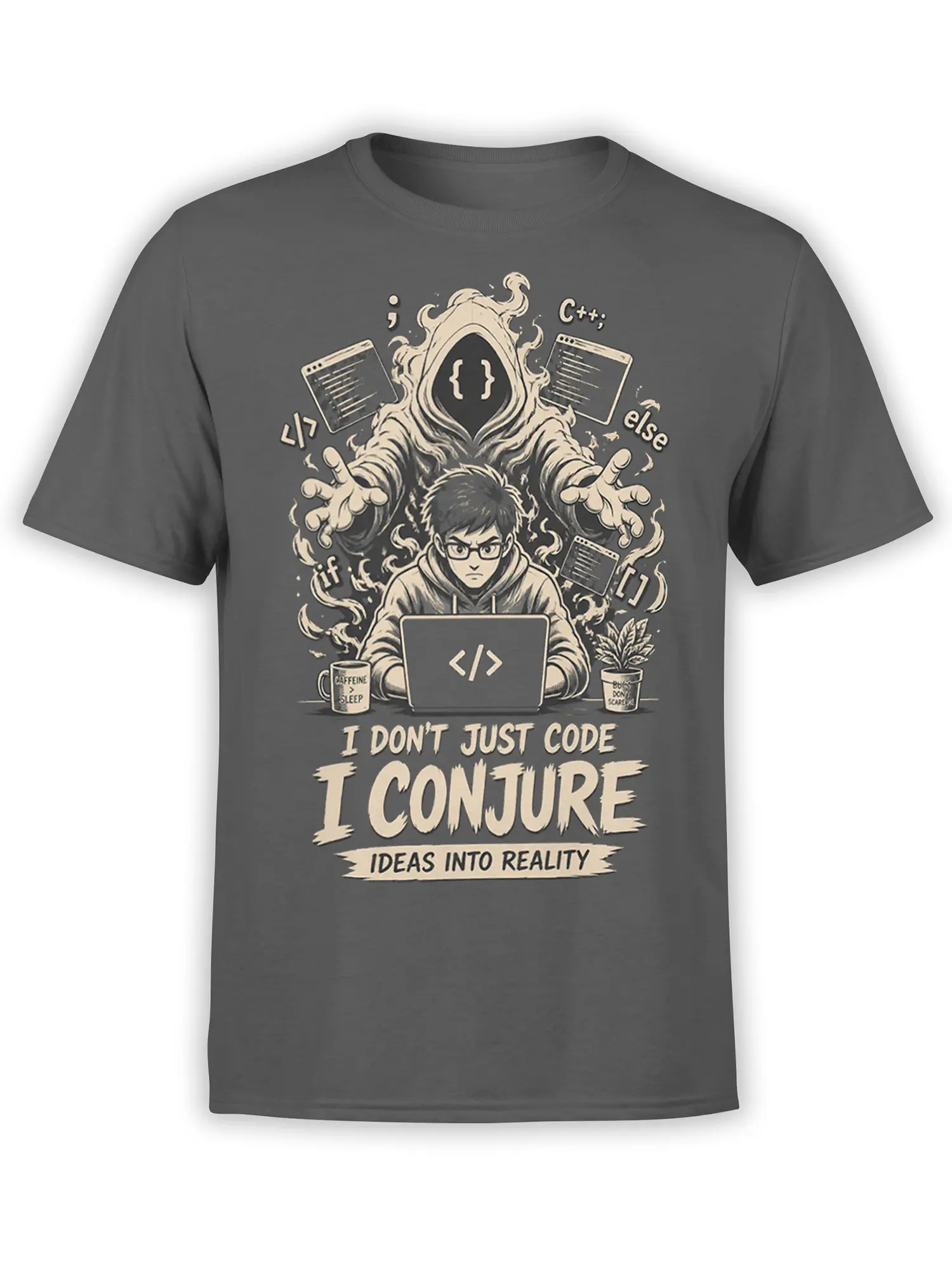Dark gray programmer T-shirt with a coder, hooded conjurer, laptop, code symbols, and “I Conjure” design
