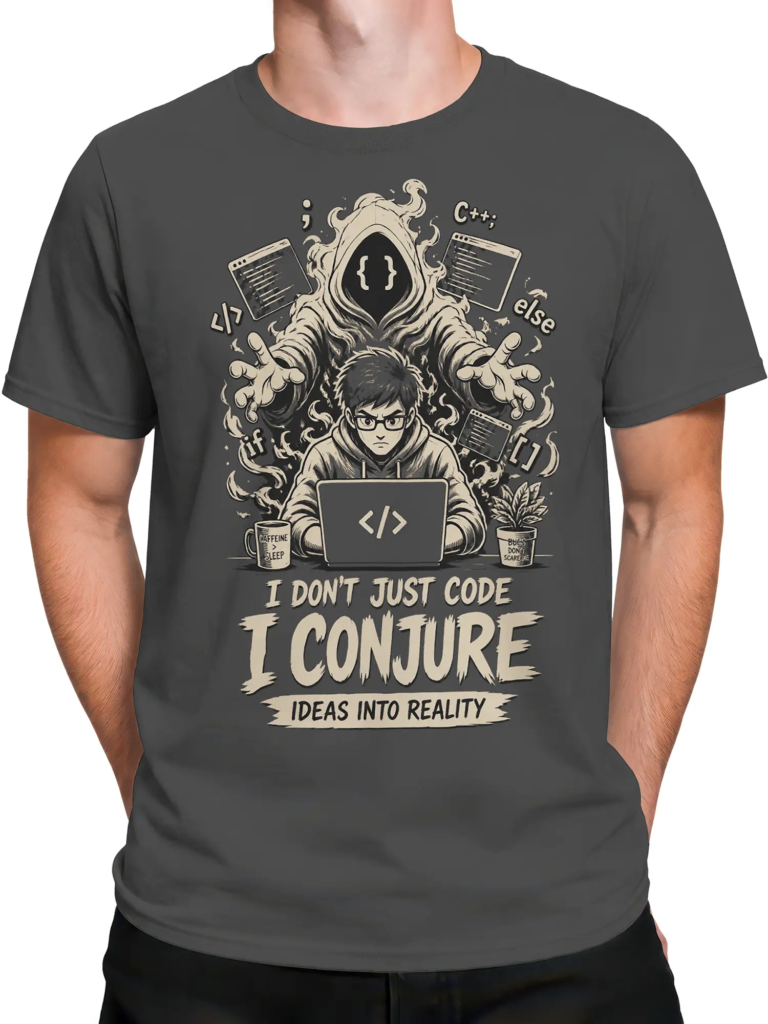 Male torso wearing a dark gray programmer T-shirt with a hooded conjurer, coder, laptop, and bold coding message