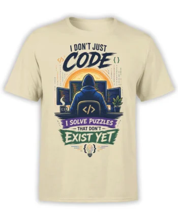 Beige programmer T-shirt with a hooded coder, computer screens, and “I Solve Puzzles” slogan