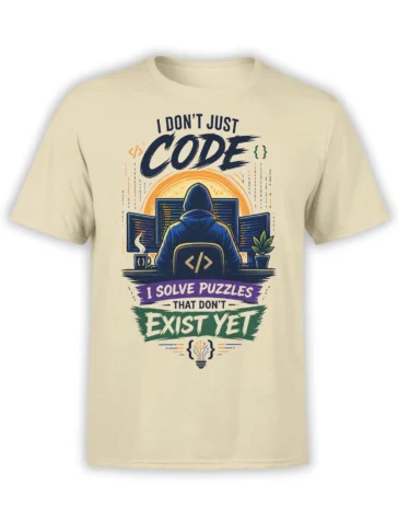 Beige programmer T-shirt with a hooded coder, computer screens, and “I Solve Puzzles” slogan