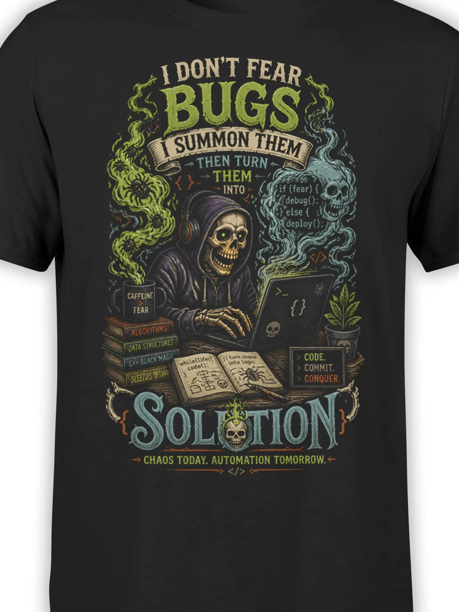 Close-up of the skeleton coder artwork, laptop, code symbols, books, caffeine mug, and colorful smoke on a black T-shirt