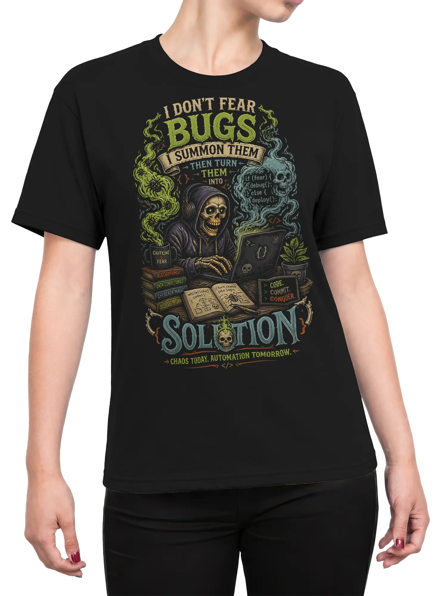 Female torso wearing a black skeleton programmer T-shirt with coding humor, colorful smoke, and a hooded coder design