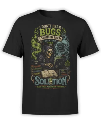 Black programmer T-shirt with a hooded skeleton coding at a laptop among skull smoke and colorful coding details
