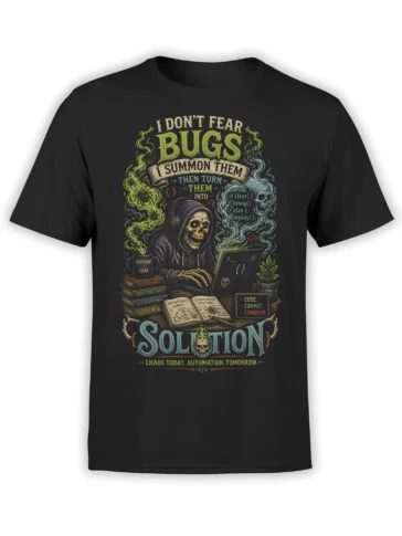 Black programmer T-shirt with a hooded skeleton coding at a laptop among skull smoke and colorful coding details