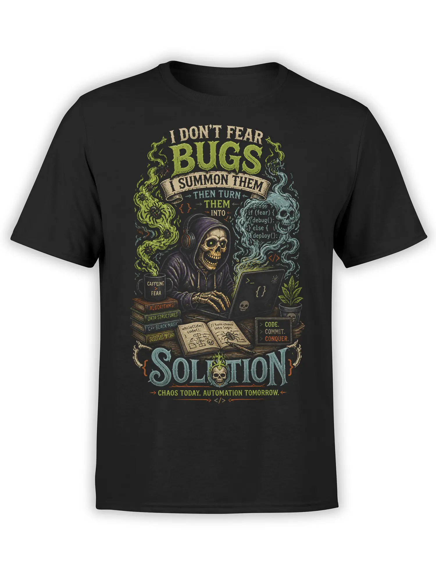 Black programmer T-shirt with a hooded skeleton coding at a laptop among skull smoke and colorful coding details