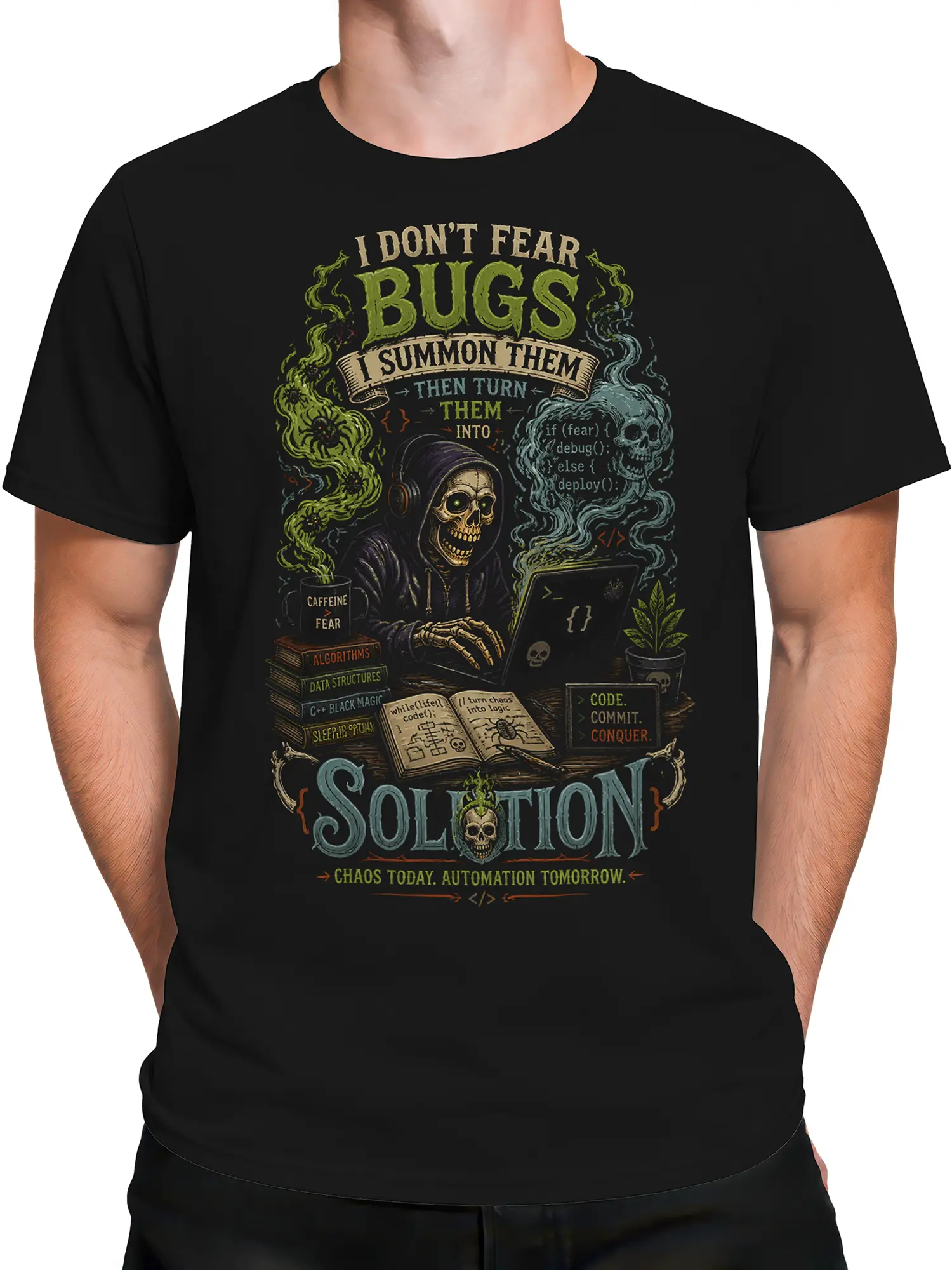 Male torso wearing a black programmer graphic tee with a hooded skeleton, laptop, code symbols, and dark humor artwork