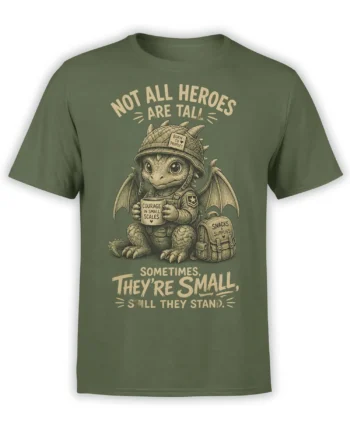 Green T-shirt with a small winged dragon hero, courage mug, backpack, and vintage lettering