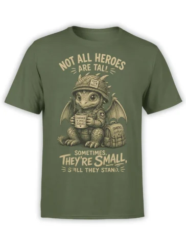 Green T-shirt with a small winged dragon hero, courage mug, backpack, and vintage lettering