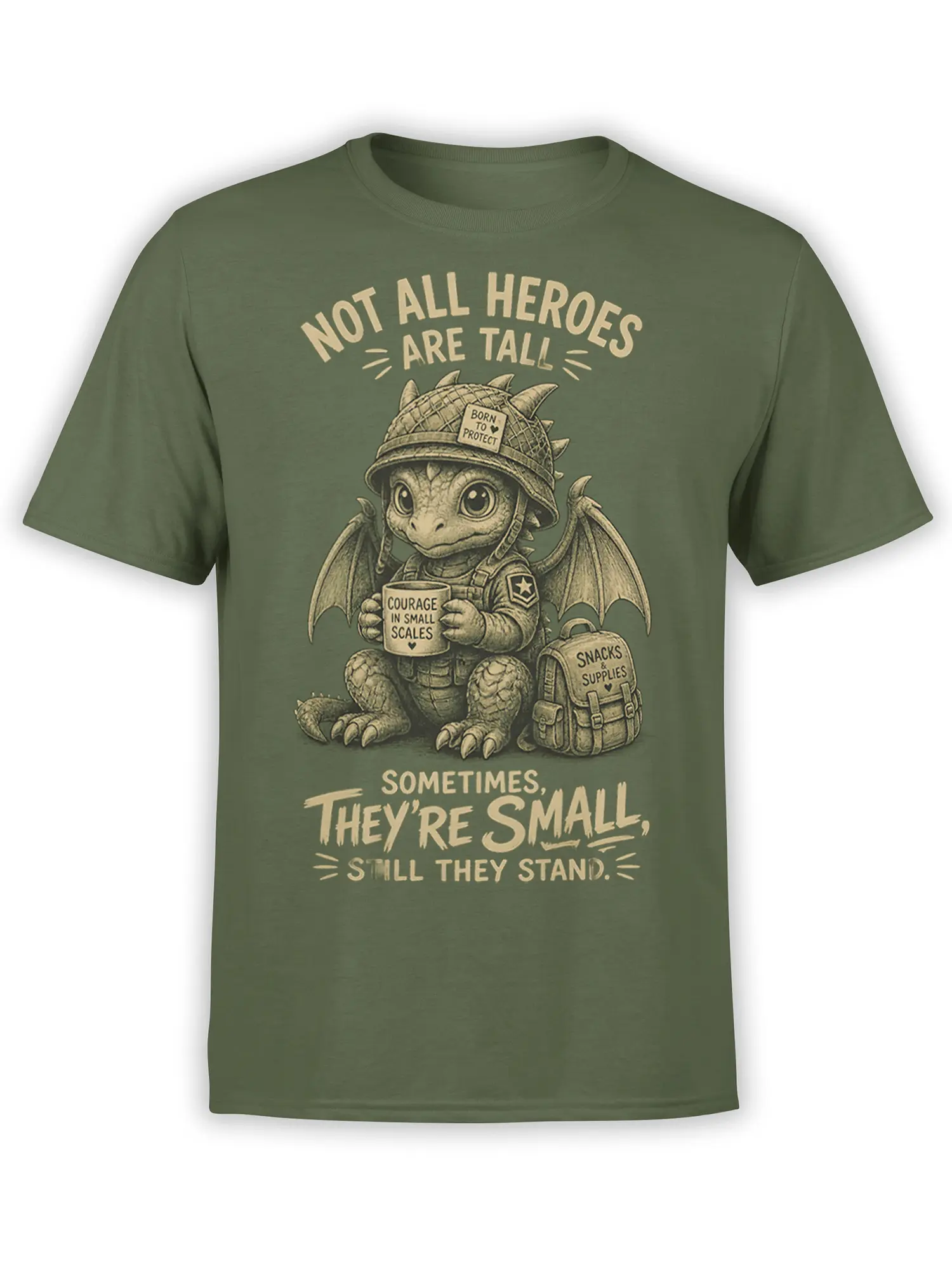 Green T-shirt with a small winged dragon hero, courage mug, backpack, and vintage lettering