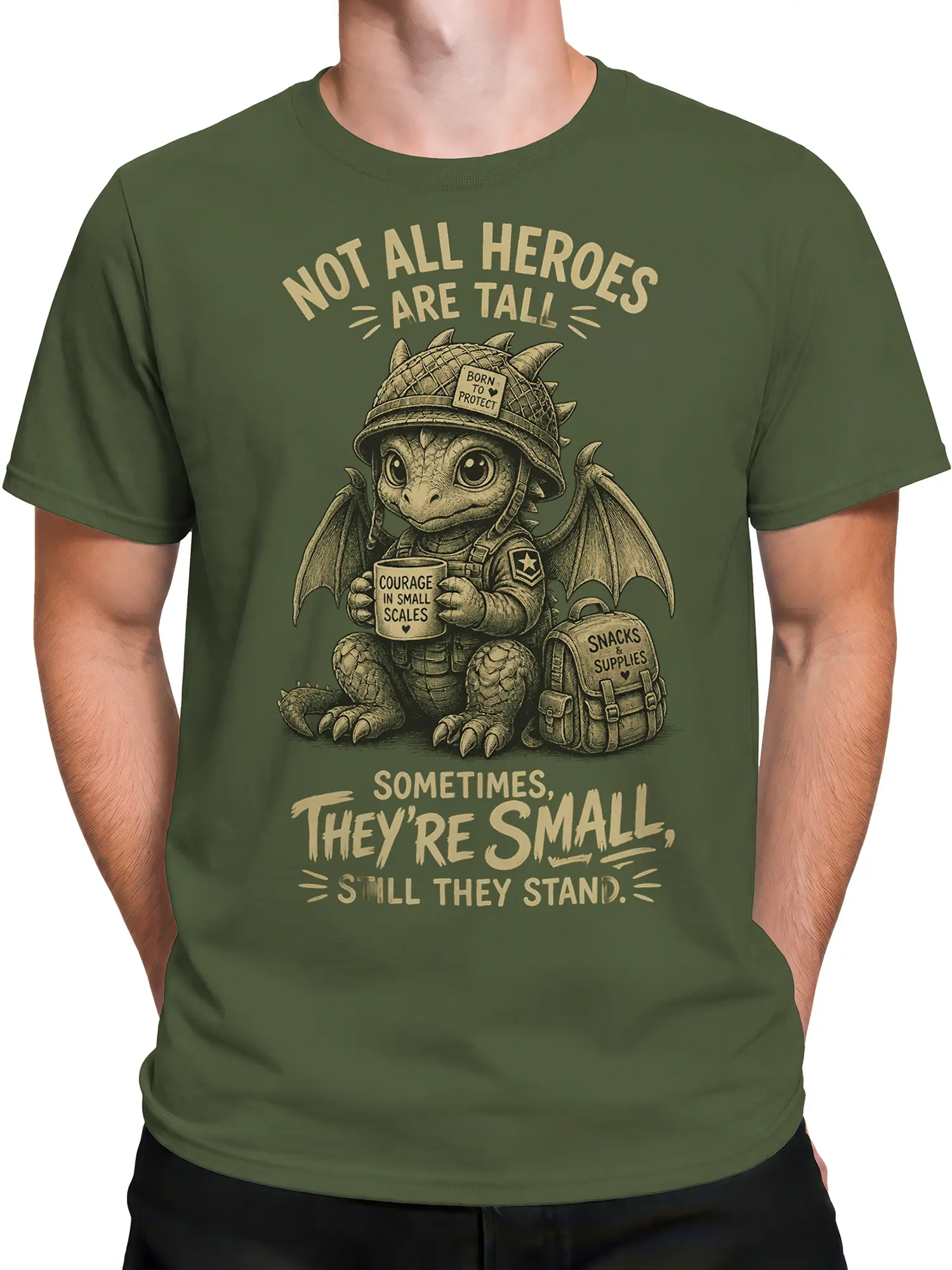 Male torso wearing a green small dragon T-shirt with helmet, wings, backpack, and heroic lettering