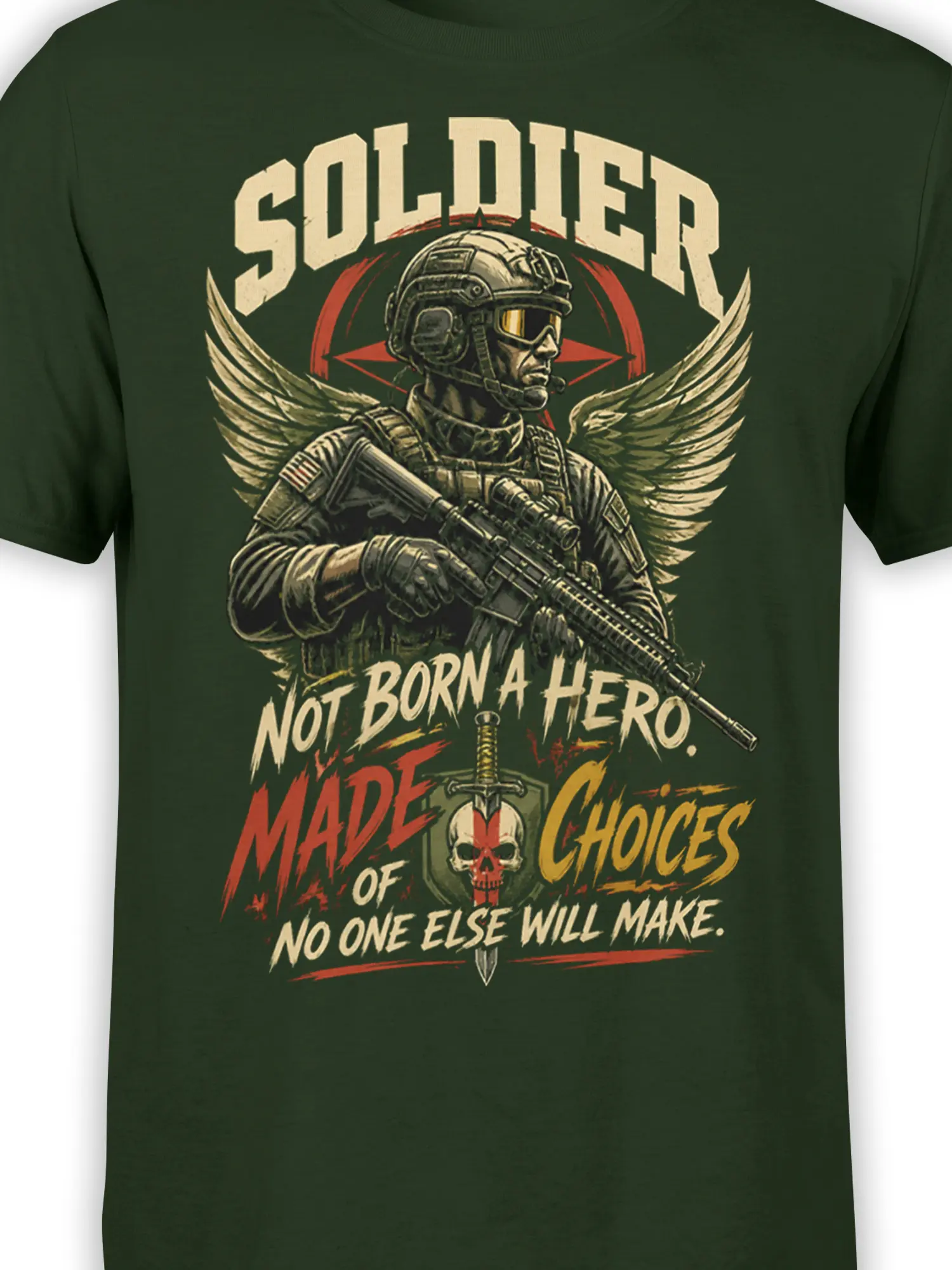Close-up of winged soldier artwork, tactical helmet, rifle, skull emblem, and choice-themed text on dark green fabric