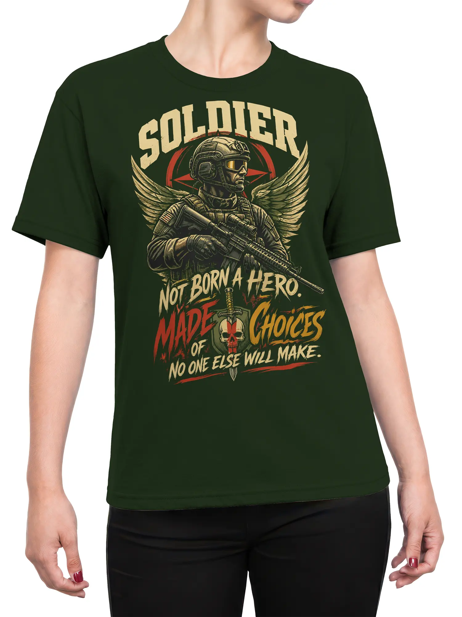 Female torso wearing a dark green T-shirt with winged soldier, rifle, skull emblem, and vintage military artwork