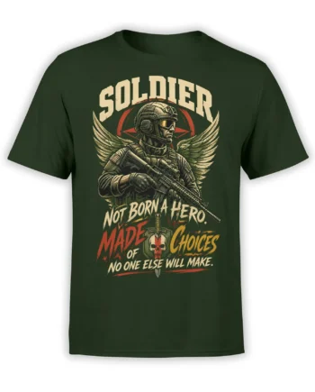 Dark green soldier T-shirt with winged military figure, rifle, skull emblem, and bold vintage lettering