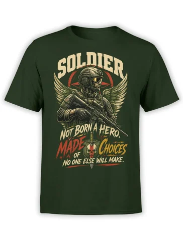 Dark green soldier T-shirt with winged military figure, rifle, skull emblem, and bold vintage lettering