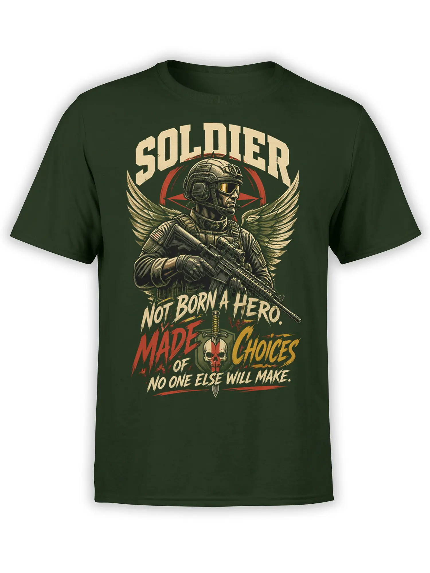 Dark green soldier T-shirt with winged military figure, rifle, skull emblem, and bold vintage lettering