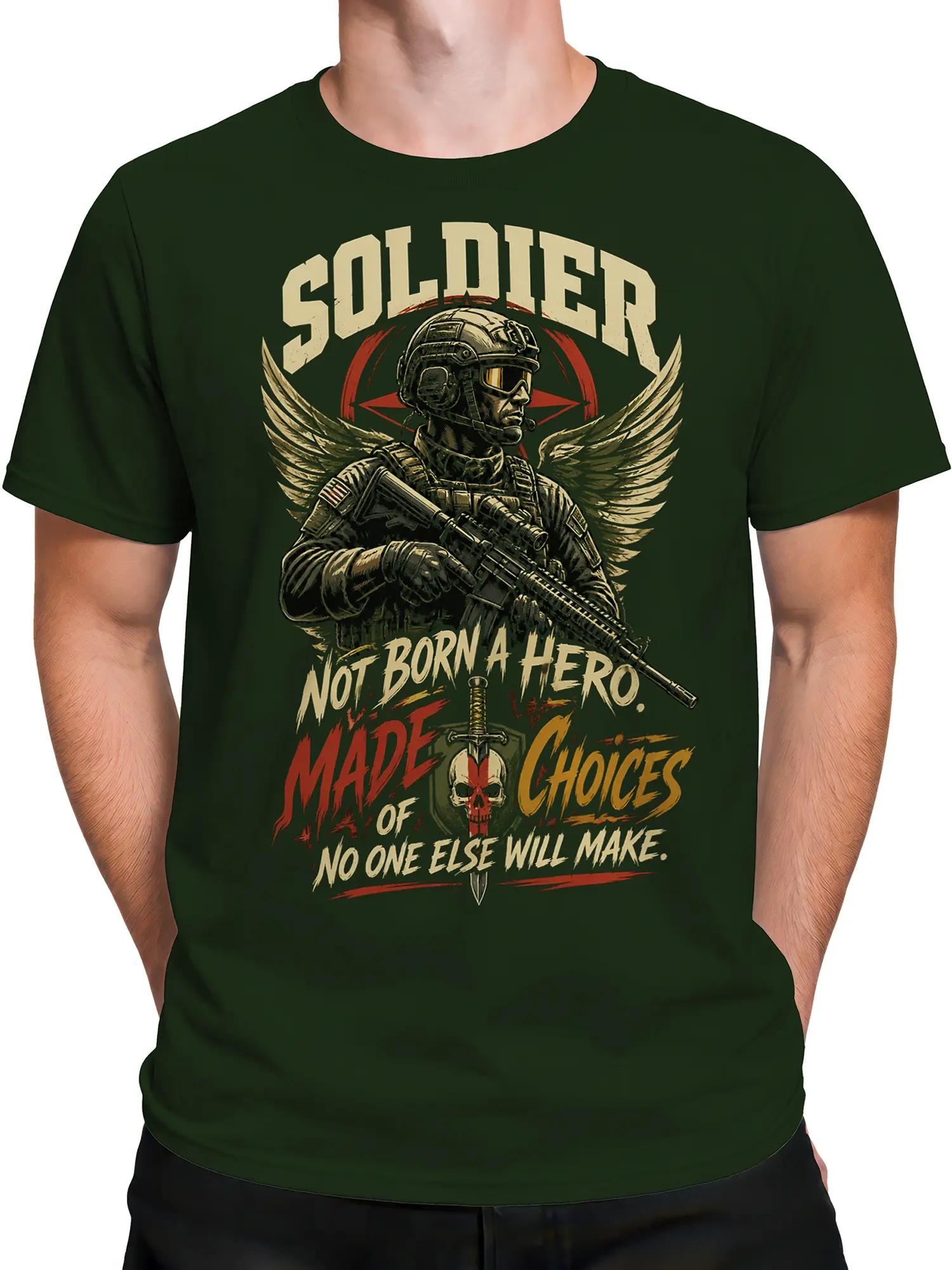Male torso wearing a dark green soldier T-shirt with winged military figure and bold choice-themed artwork