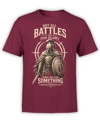 Vintage Roman warrior T-shirt in burgundy with sword, shield, and a message about protecting what matters