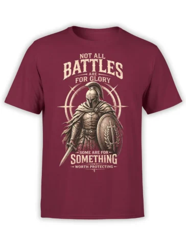 Vintage Roman warrior T-shirt in burgundy with sword, shield, and a message about protecting what matters