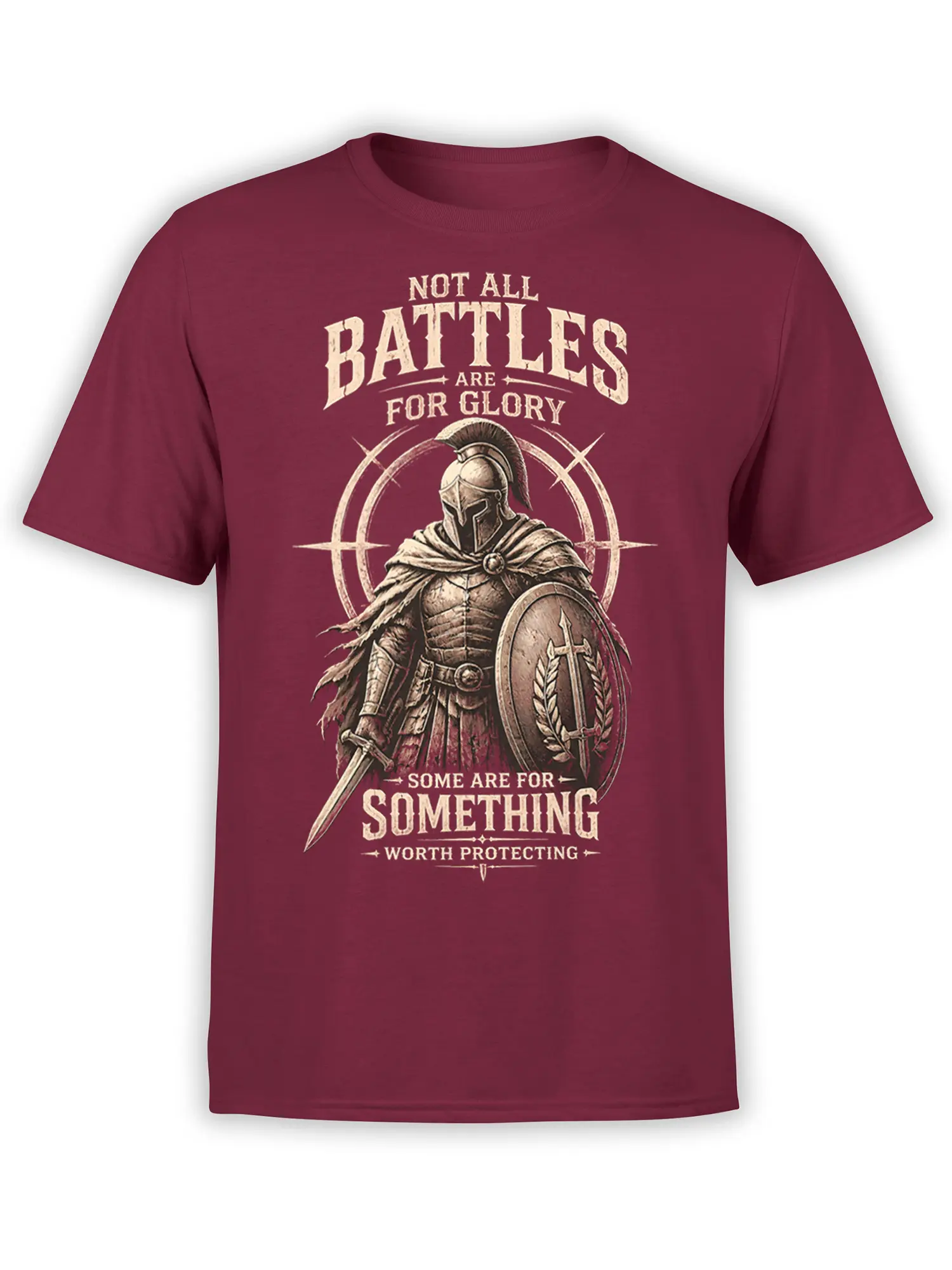 Vintage Roman warrior T-shirt in burgundy with sword, shield, and a message about protecting what matters