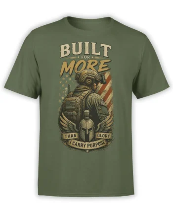 Olive green soldier T-shirt with vintage military artwork, American flag details, winged helmet, and purpose banners