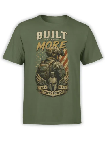 Olive green soldier T-shirt with vintage military artwork, American flag details, winged helmet, and purpose banners