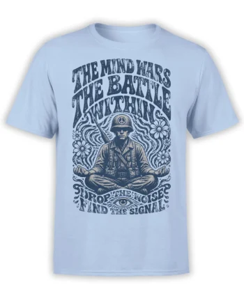 Light blue soldier T-shirt with a meditating warrior, peace symbol helmet, flowers, and inner-battle text