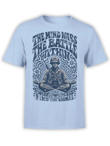 Light blue soldier T-shirt with a meditating warrior, peace symbol helmet, flowers, and inner-battle text