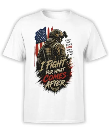 White soldier T-shirt featuring tactical gear, an American flag, and bold battle lettering in red and tan